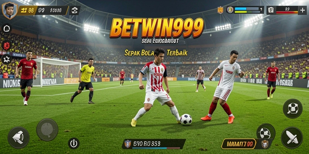Screenshot utama BETWIN999 menampilkan aksi seru permainan sepak bola.