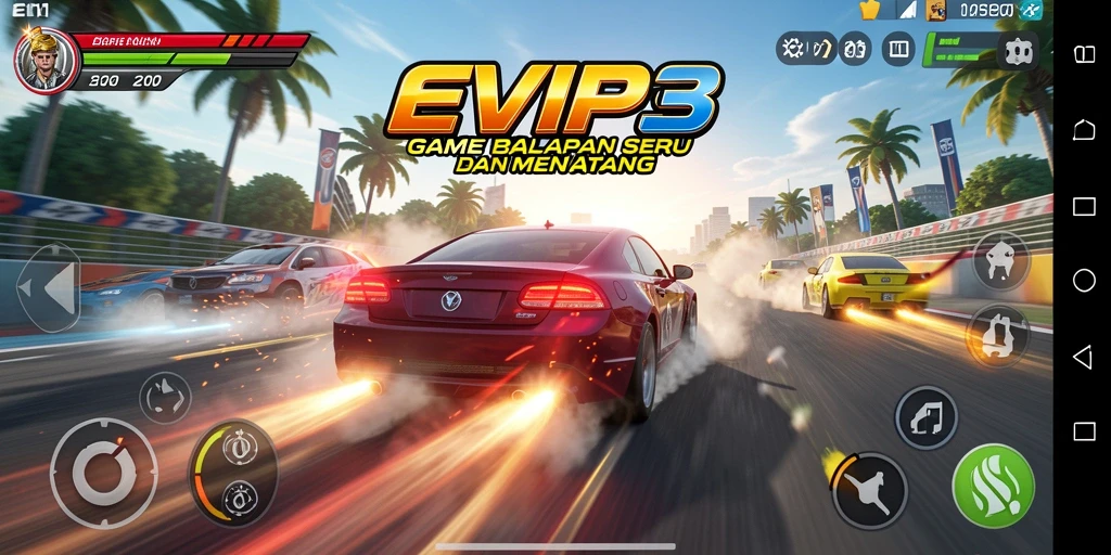 Screenshot menunjukkan aksi balapan mendebarkan di EVIP3.