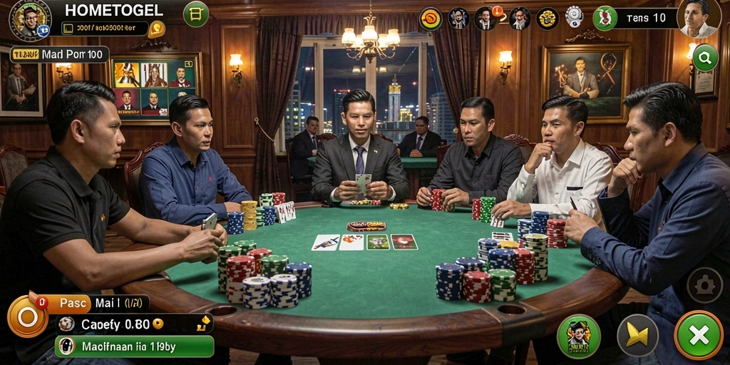 Tangkapan layar HOMETOGEL menampilkan gameplay Poker yang menarik dan interaktif.