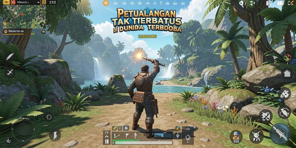 Screenshot gameplay S13 menampilkan aksi epik di dunia terbuka yang luas.