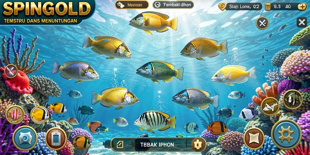 Screenshot SPINGOLD menunjukkan aksi menembak ikan yang penuh warna.