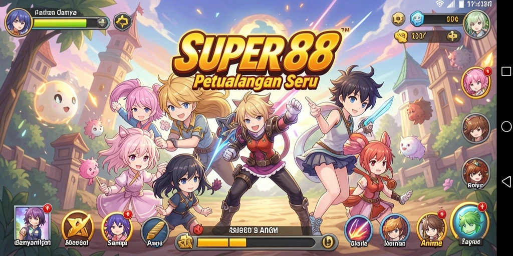 Tampilan gameplay SUPER88 dengan karakter anime yang memukau.