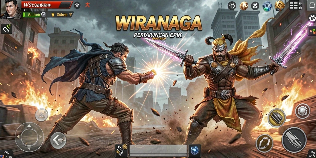 Tangkapan layar utama <strong>WIRANAGA</strong> menunjukkan aksi pertarungan yang mendebarkan.